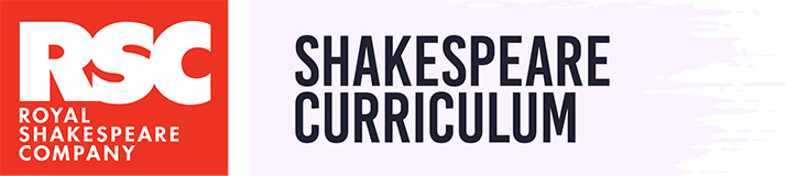 Logo of the RSC SHakespeare Curriculum. The RSC logo is made up of white text stating the name of the company on a red rectangle. Sitting to the right of it is a pale paint stroke texture with the words Shakespeare Curriculum across it.